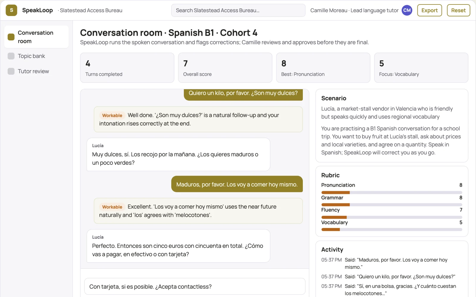What Spoken language practice conversation studio looks like