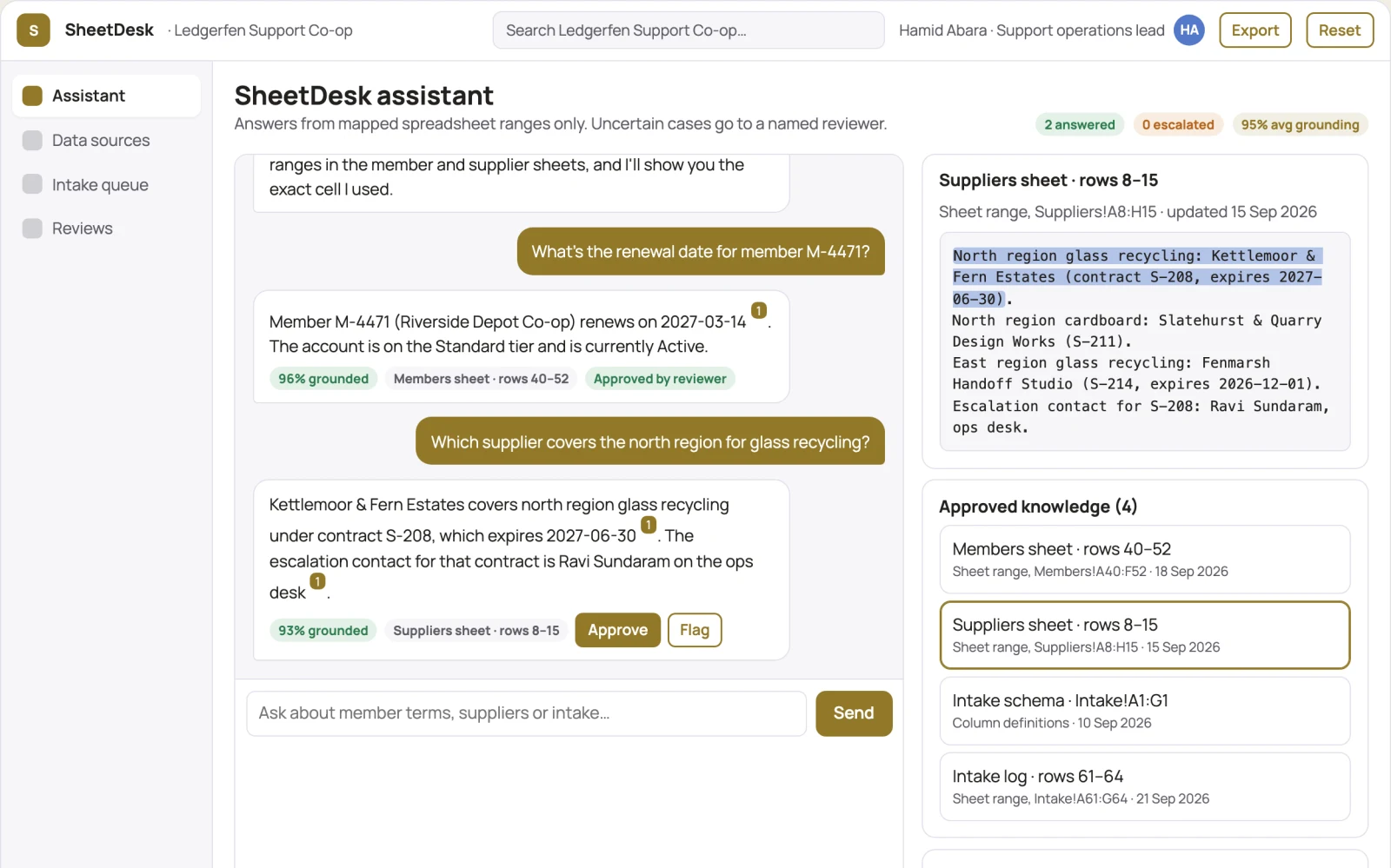 What Spreadsheet-backed support assistant and intake console looks like