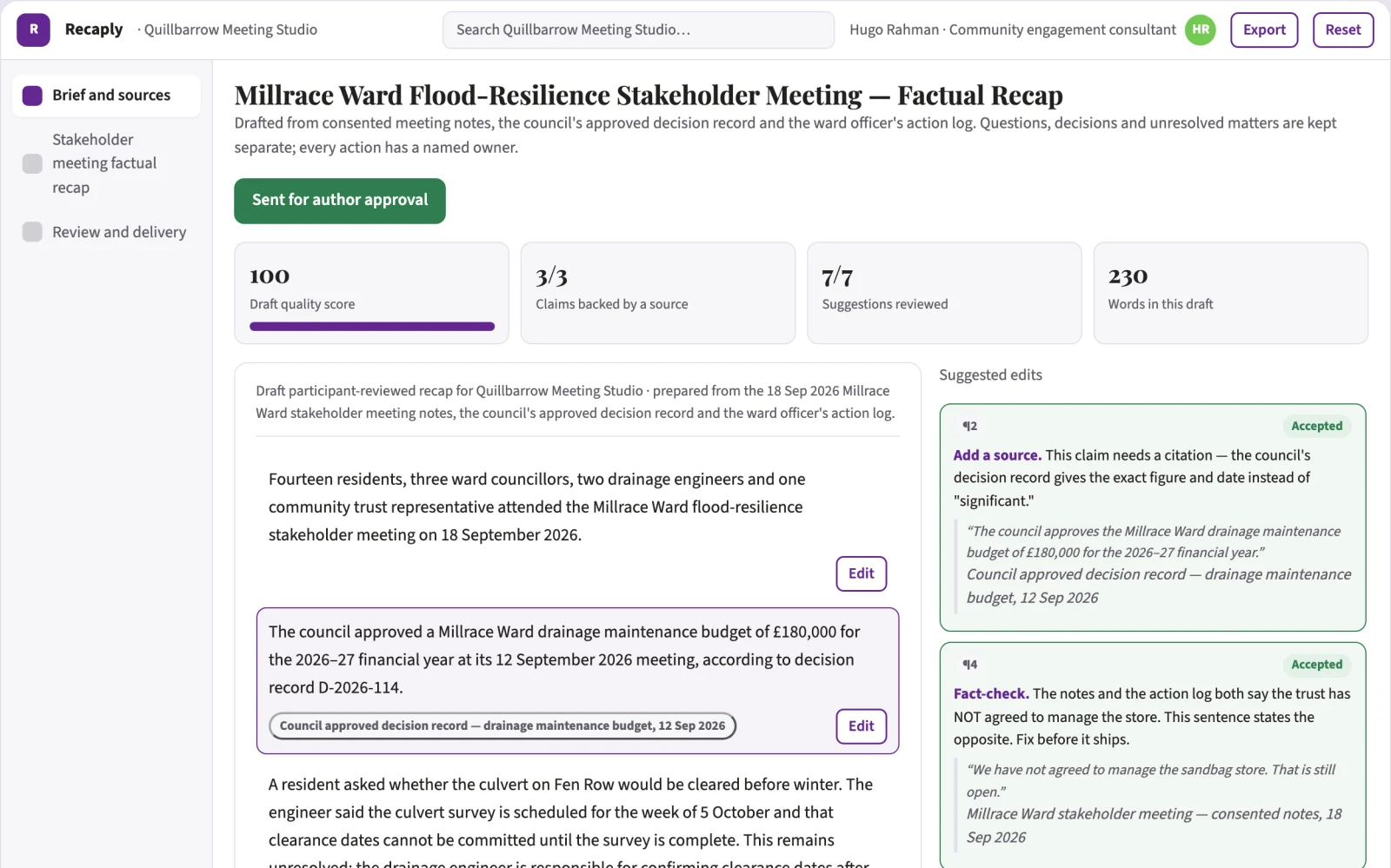What Stakeholder meeting factual recap looks like