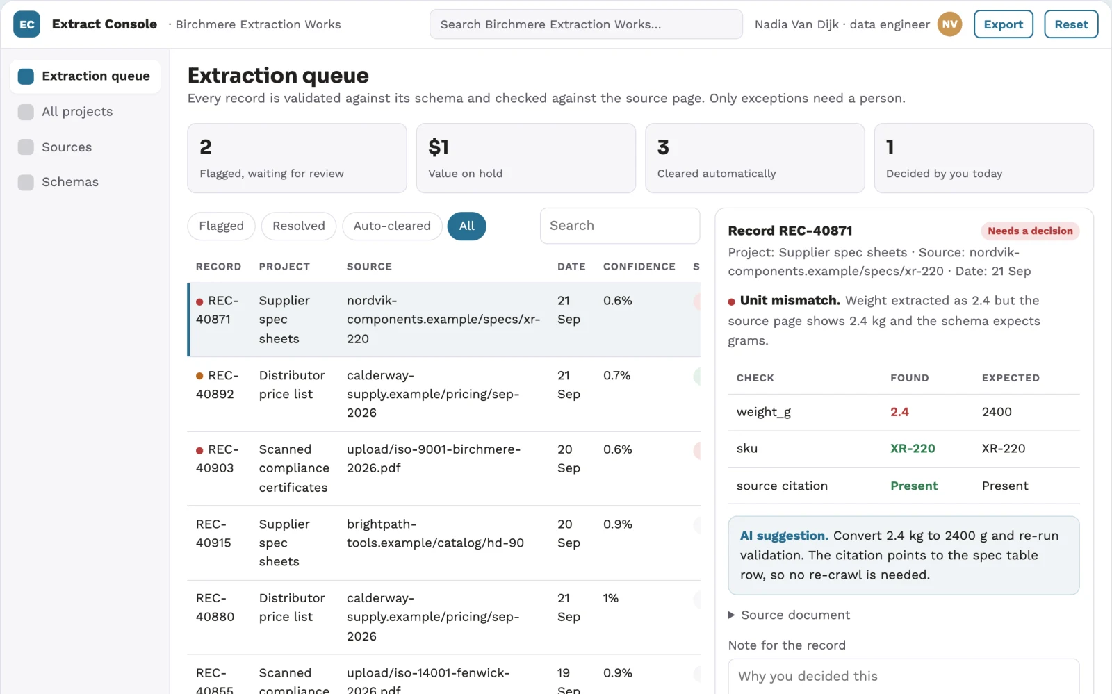 What Structured data extraction and stewardship console looks like