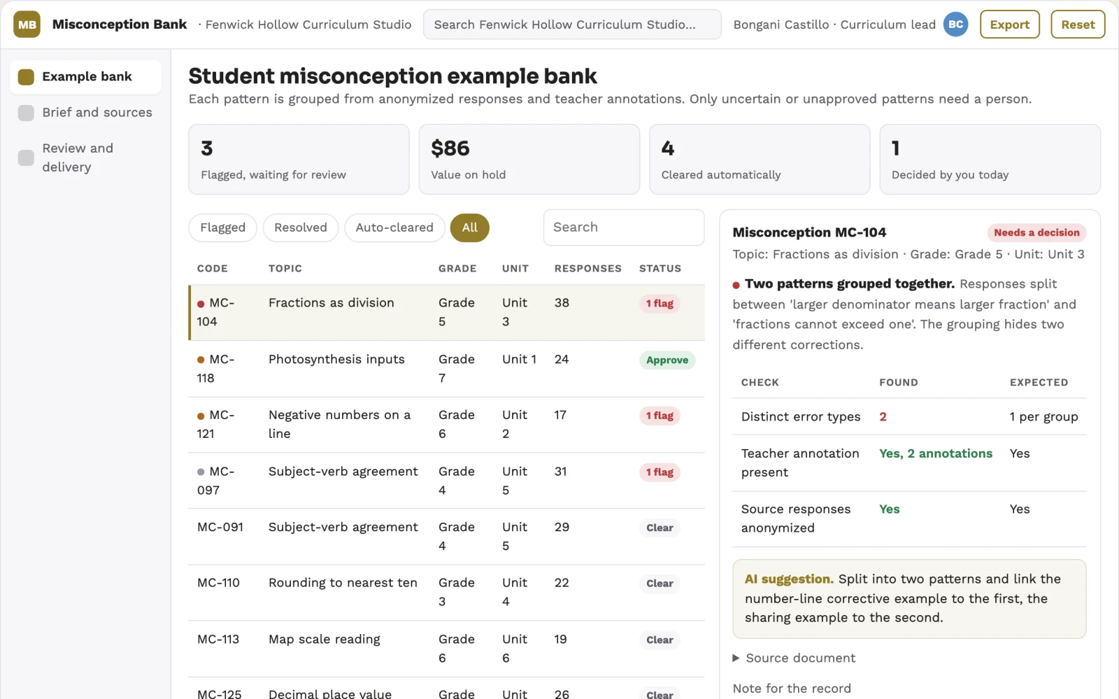 What Student misconception example bank looks like