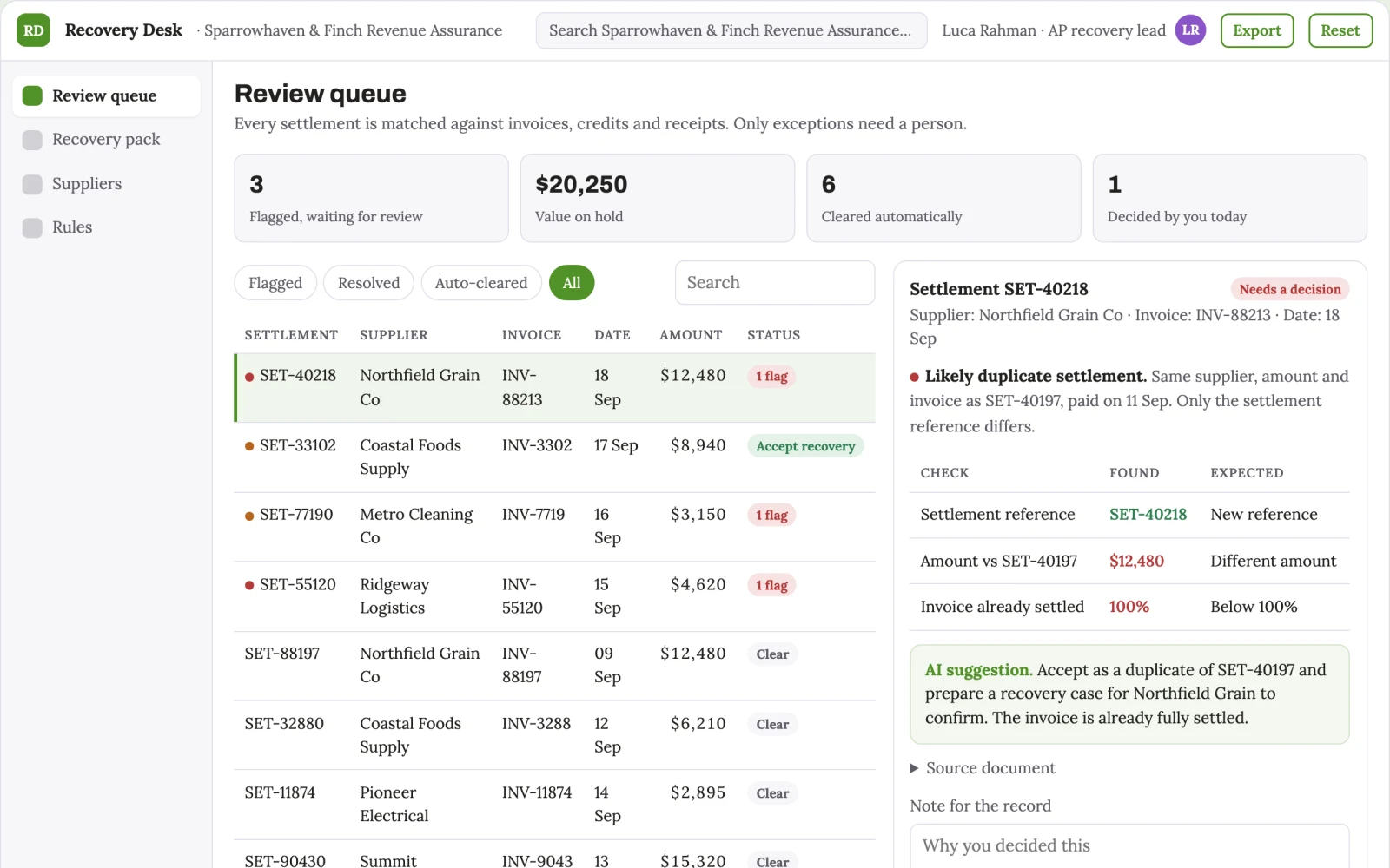 What Supplier overpayment recovery workspace looks like