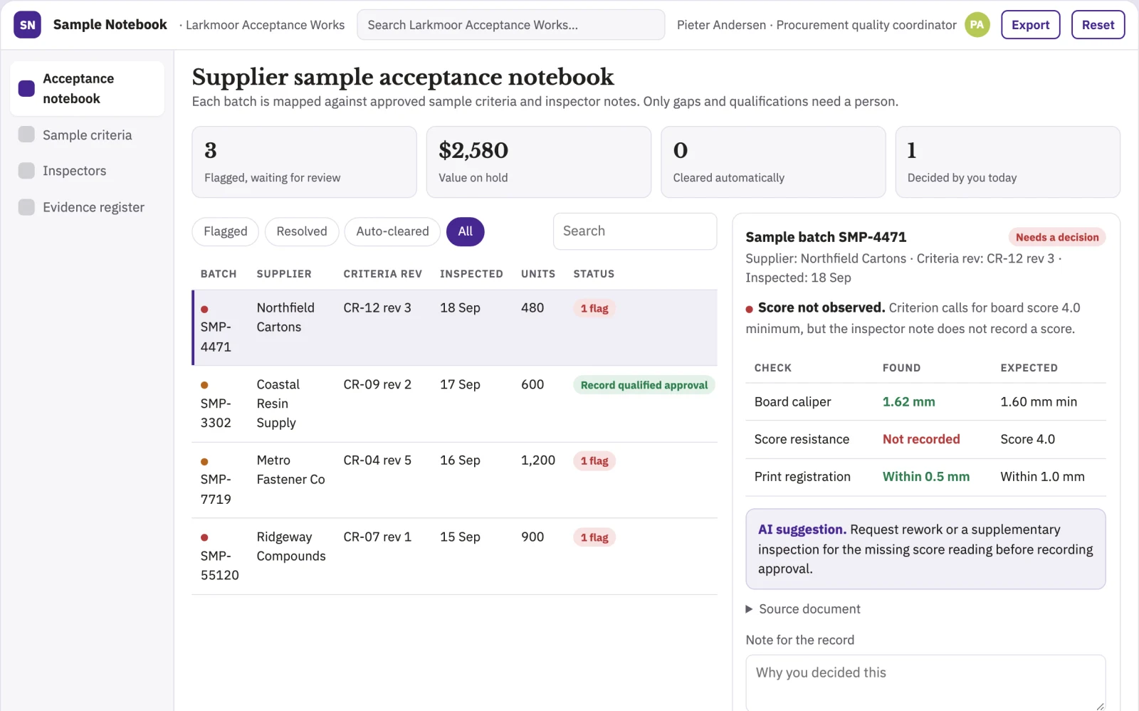 What Supplier sample acceptance notebook looks like