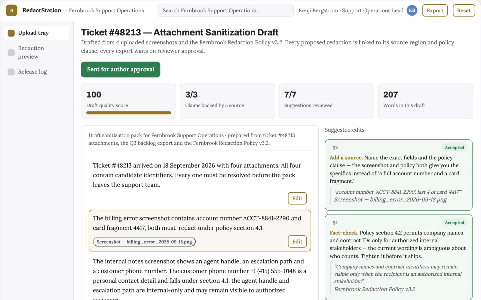 What Support attachment redaction station looks like