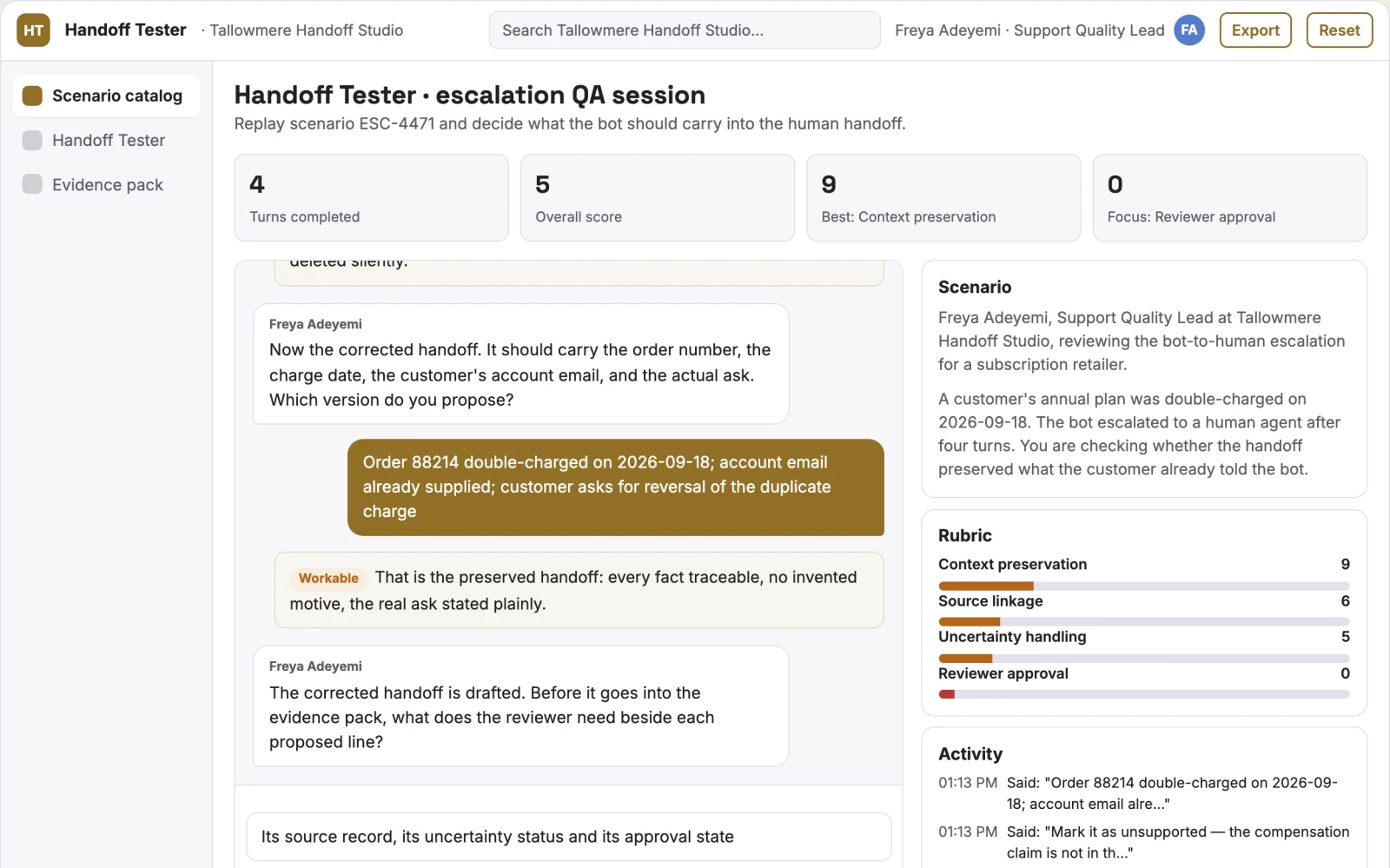 What Support bot handoff context tester looks like