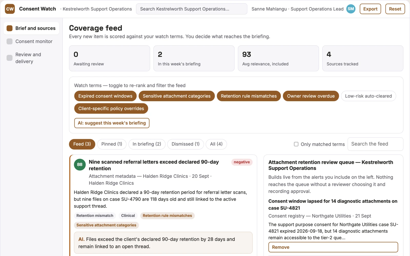What Support consent expiration monitor looks like