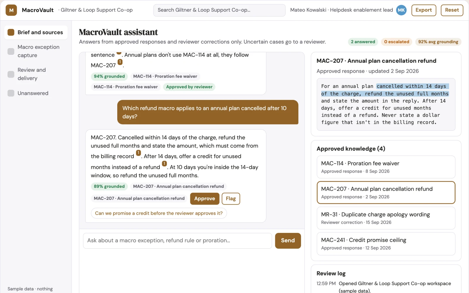 What Support macro exception capture looks like