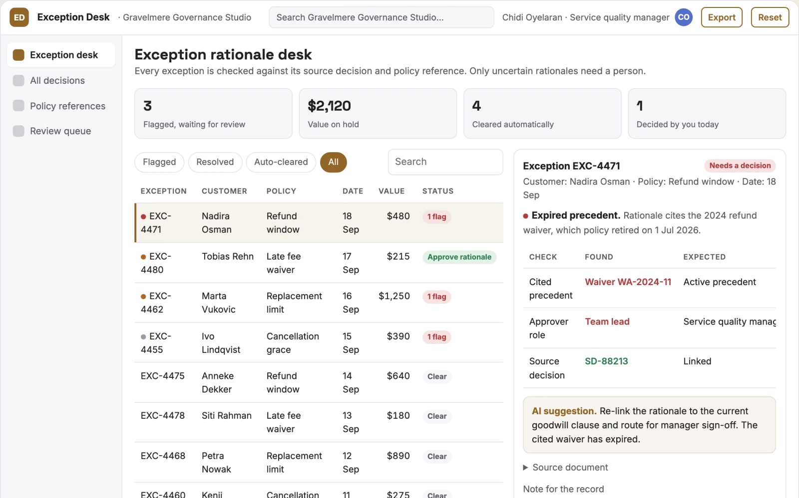 What Support policy exception rationale desk looks like