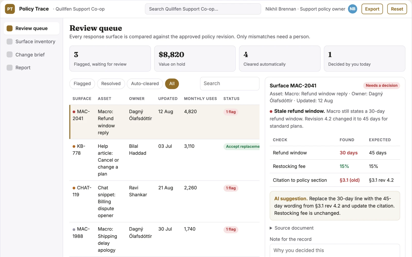 What Support policy rollout verifier looks like