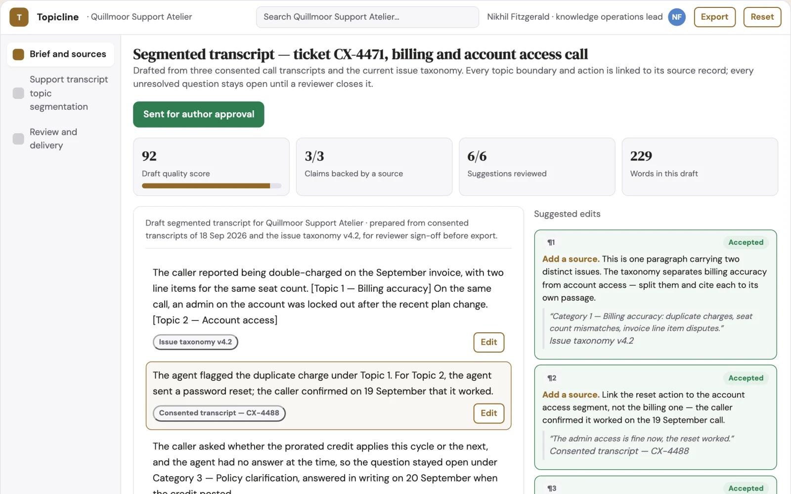 What Support transcript topic segmentation looks like