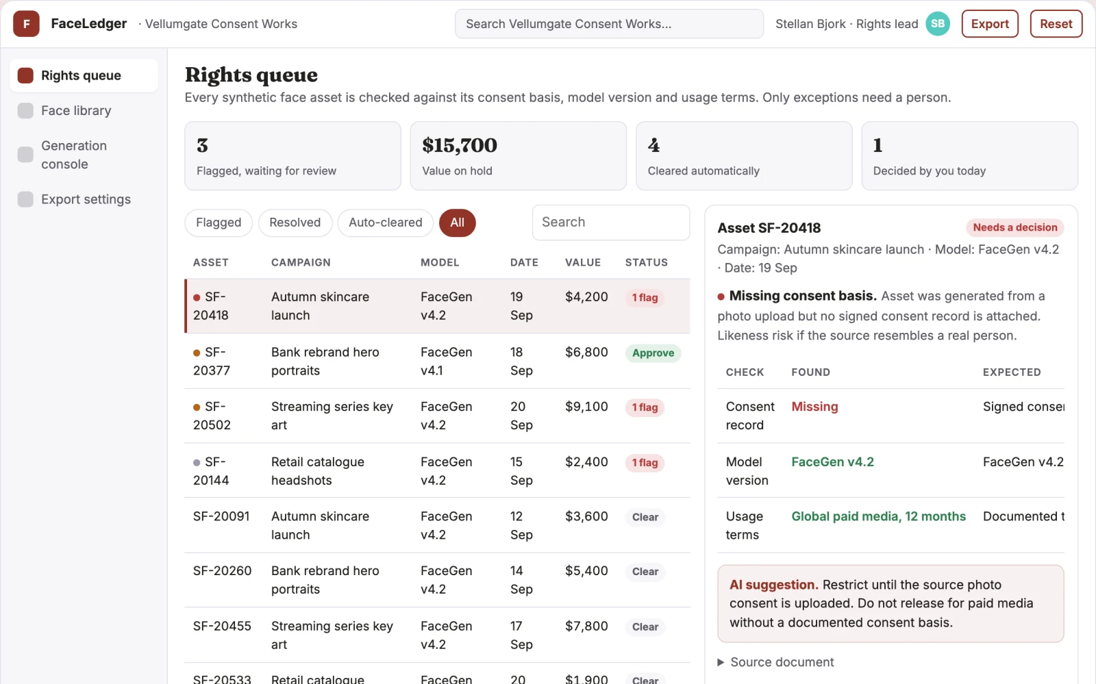 What Synthetic face library and rights console looks like