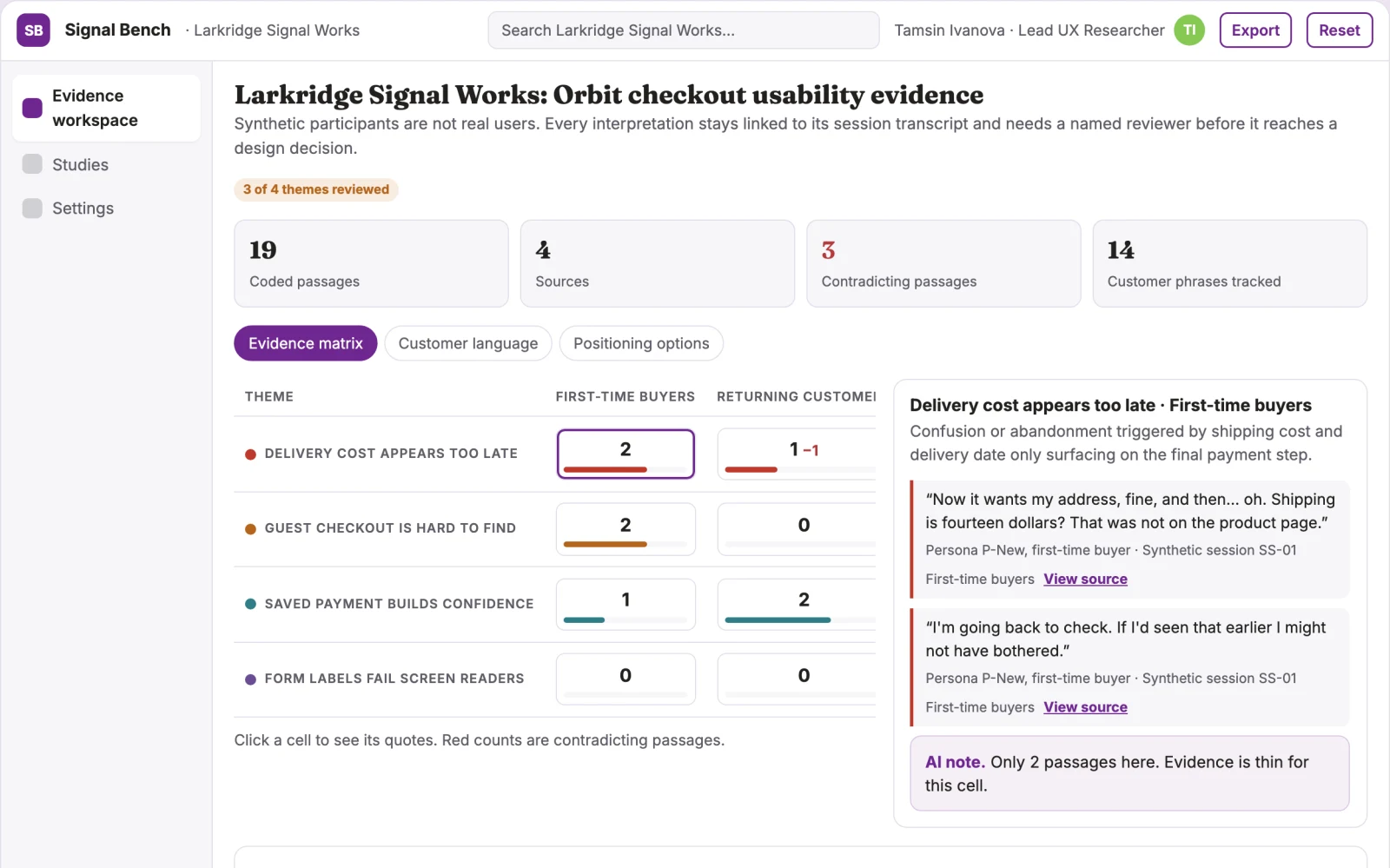 What Synthetic usability evidence workbench looks like