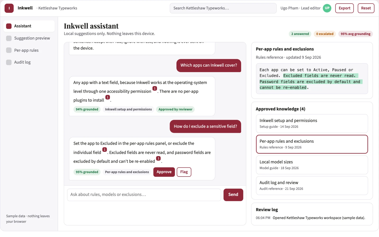 What System-wide local writing autocomplete assistant looks like