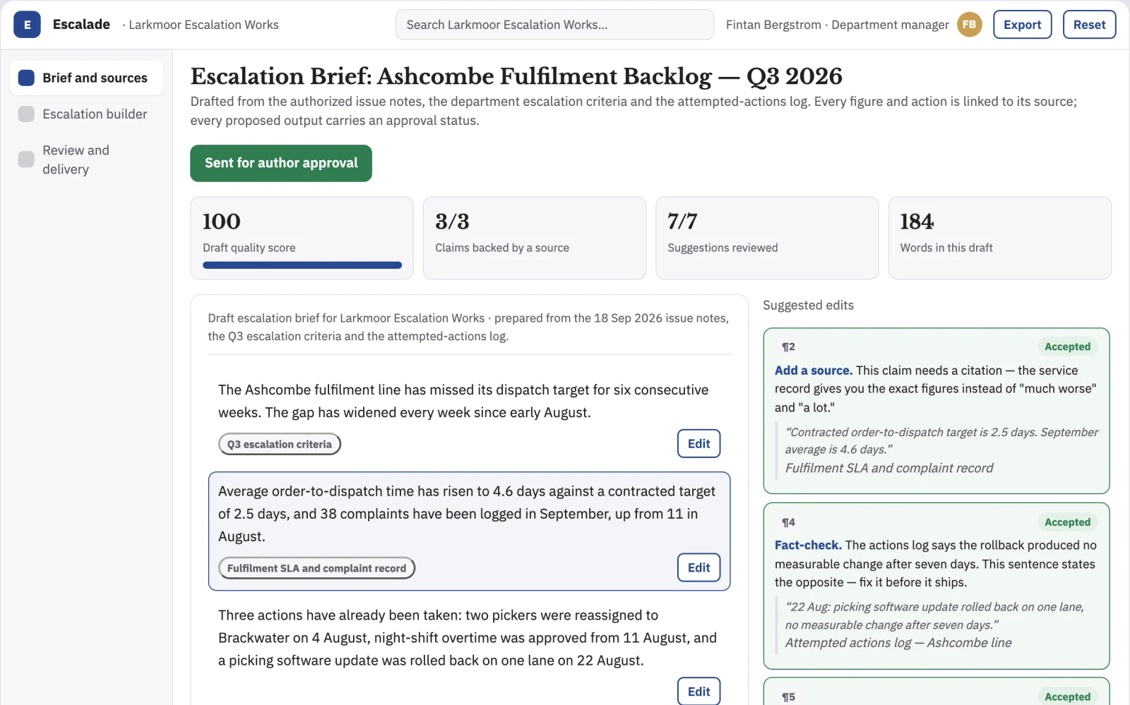 What Team escalation evidence builder looks like