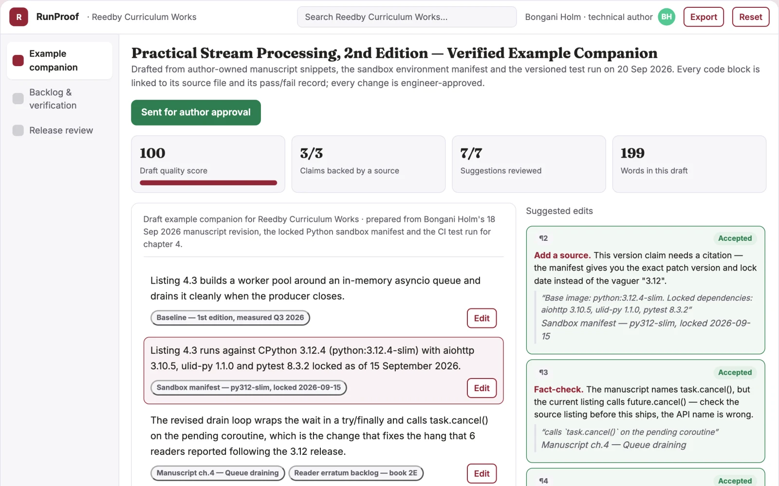 What Technical manual executable-example publisher looks like
