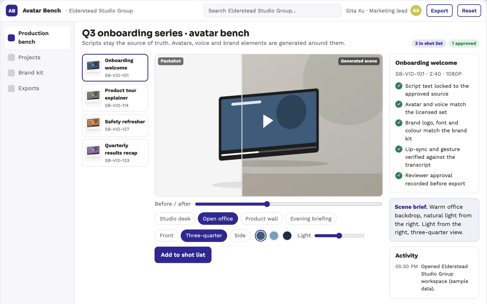 What Text-to-avatar video production workbench looks like