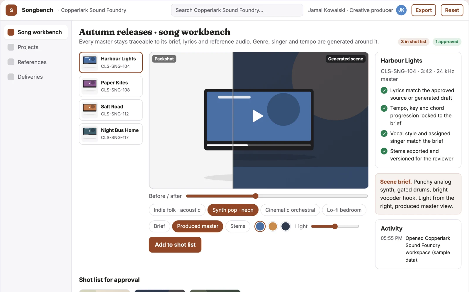 What Text-to-song production and review workbench looks like
