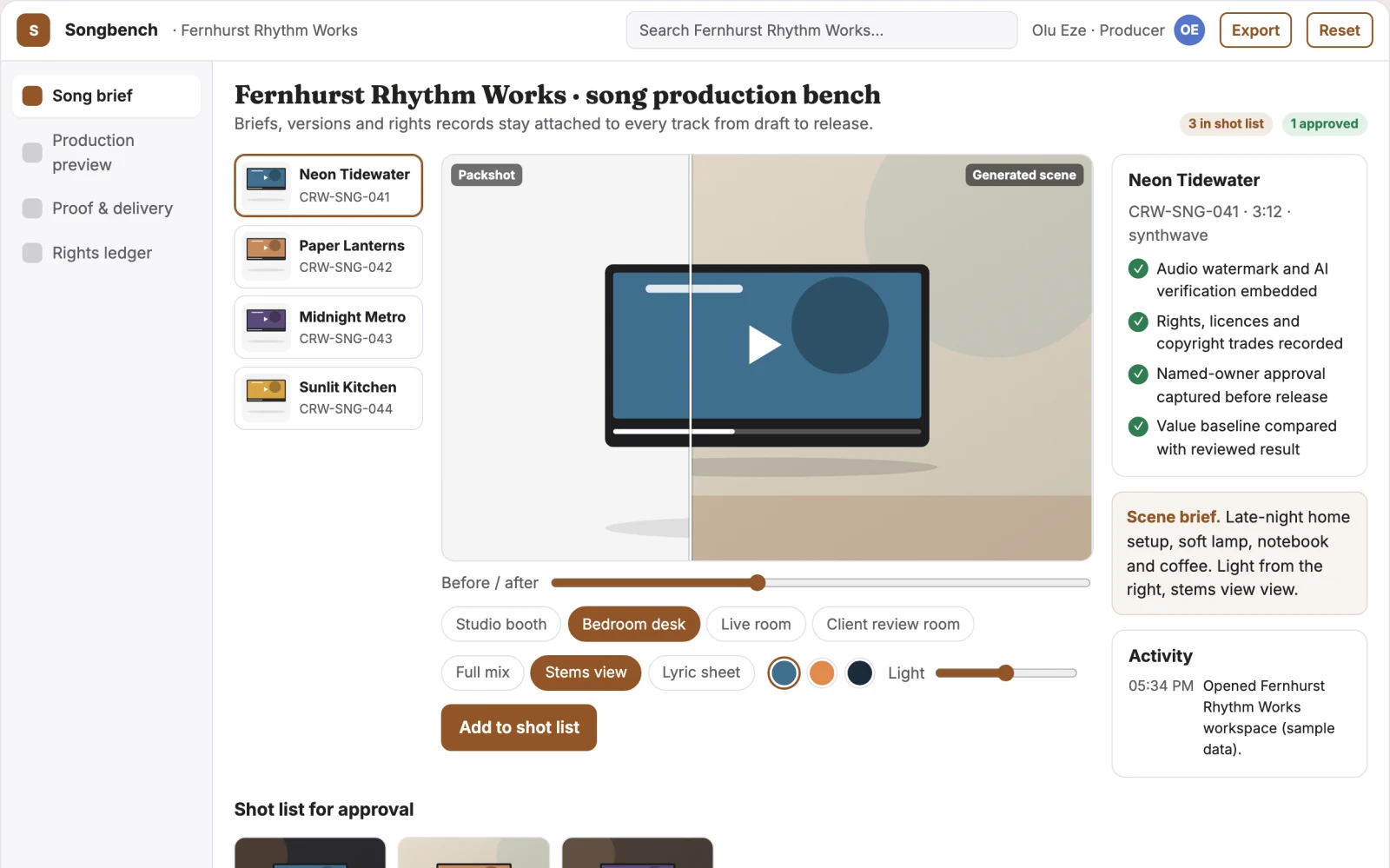 What Text-to-song production and rights workbench looks like