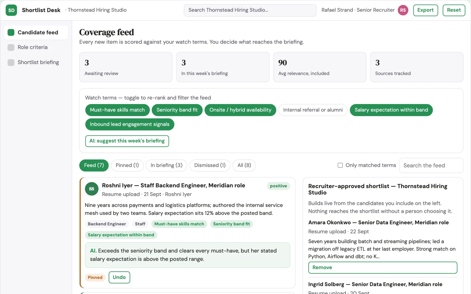 What Transparent applicant ranking and shortlist workbench looks like