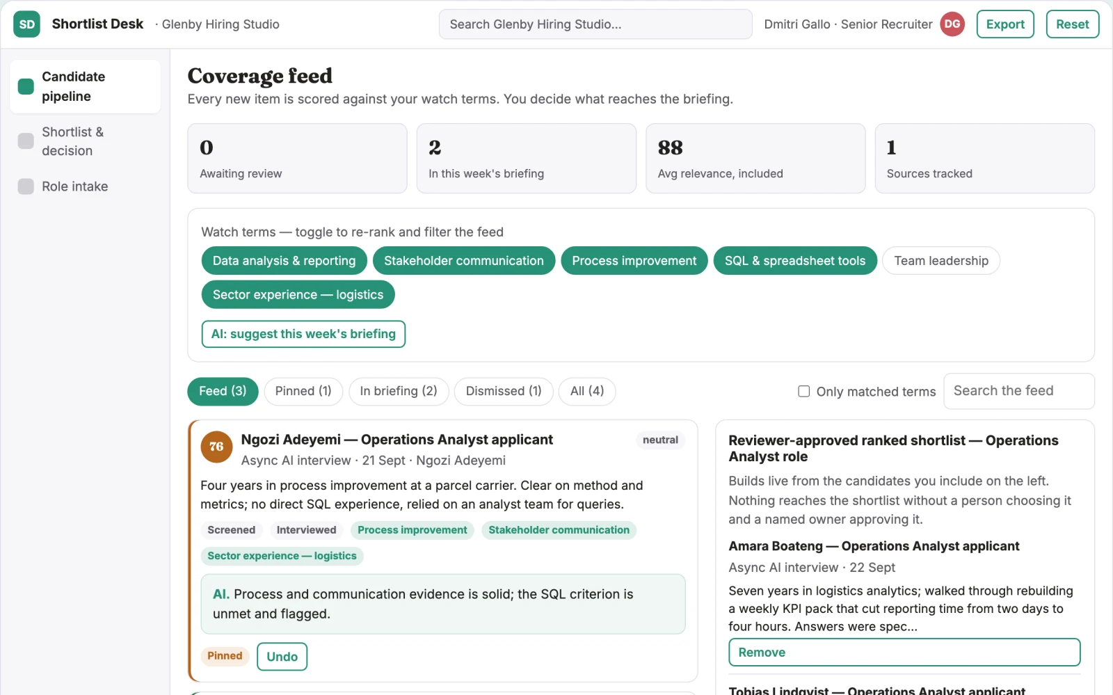 What Transparent candidate screening and shortlist workbench looks like