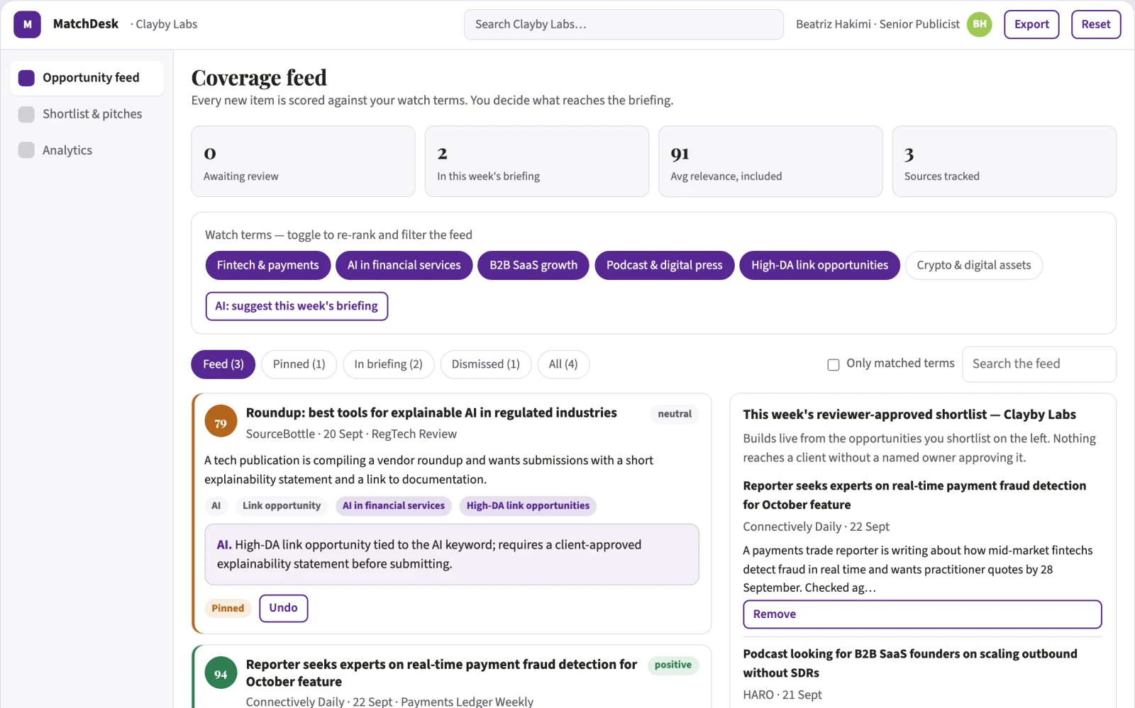 What Transparent media opportunity matching and pitch workbench looks like