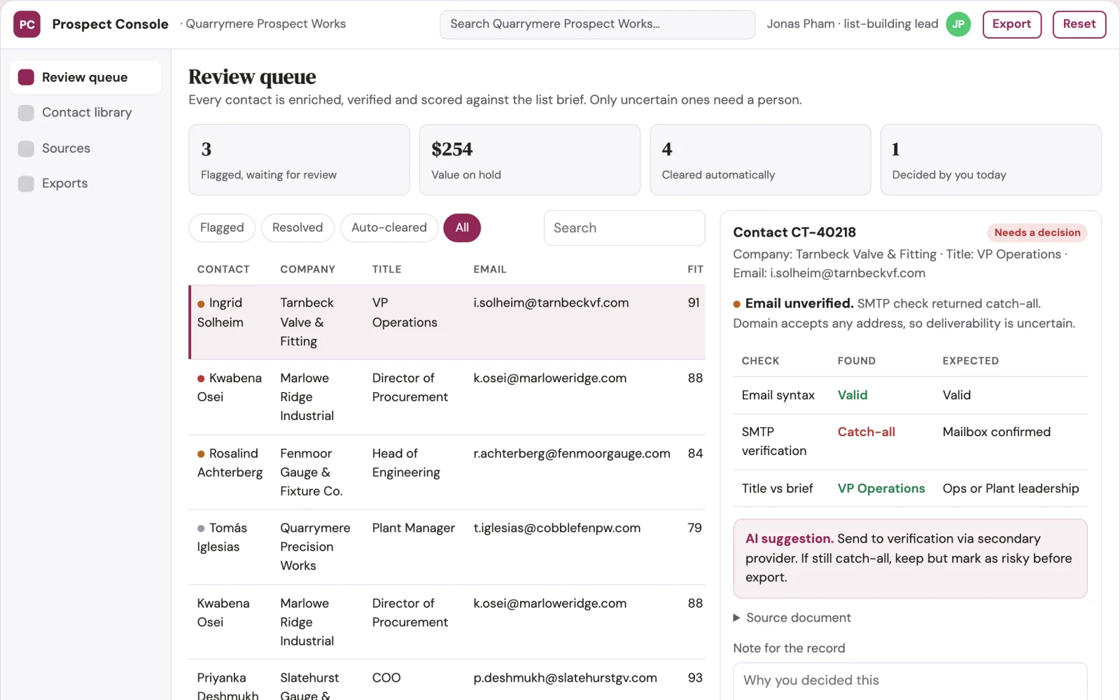 What Verified prospect list assembly and enrichment console looks like
