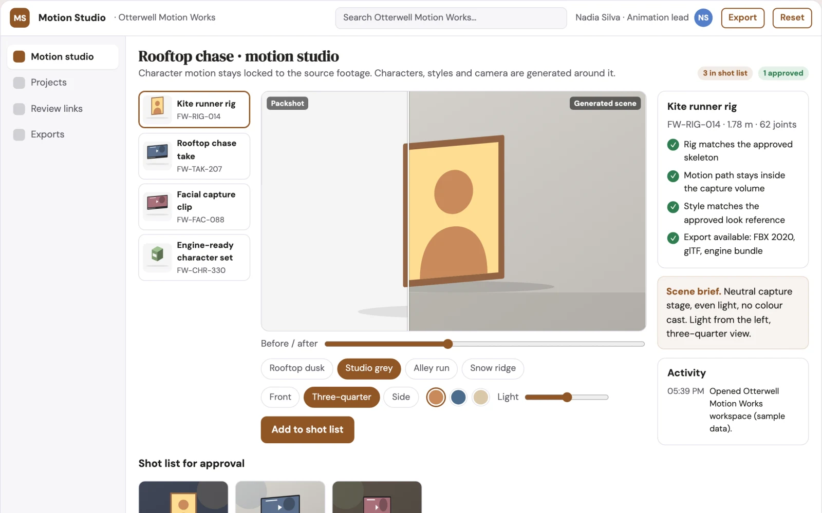 What Video-to-3D character motion studio looks like
