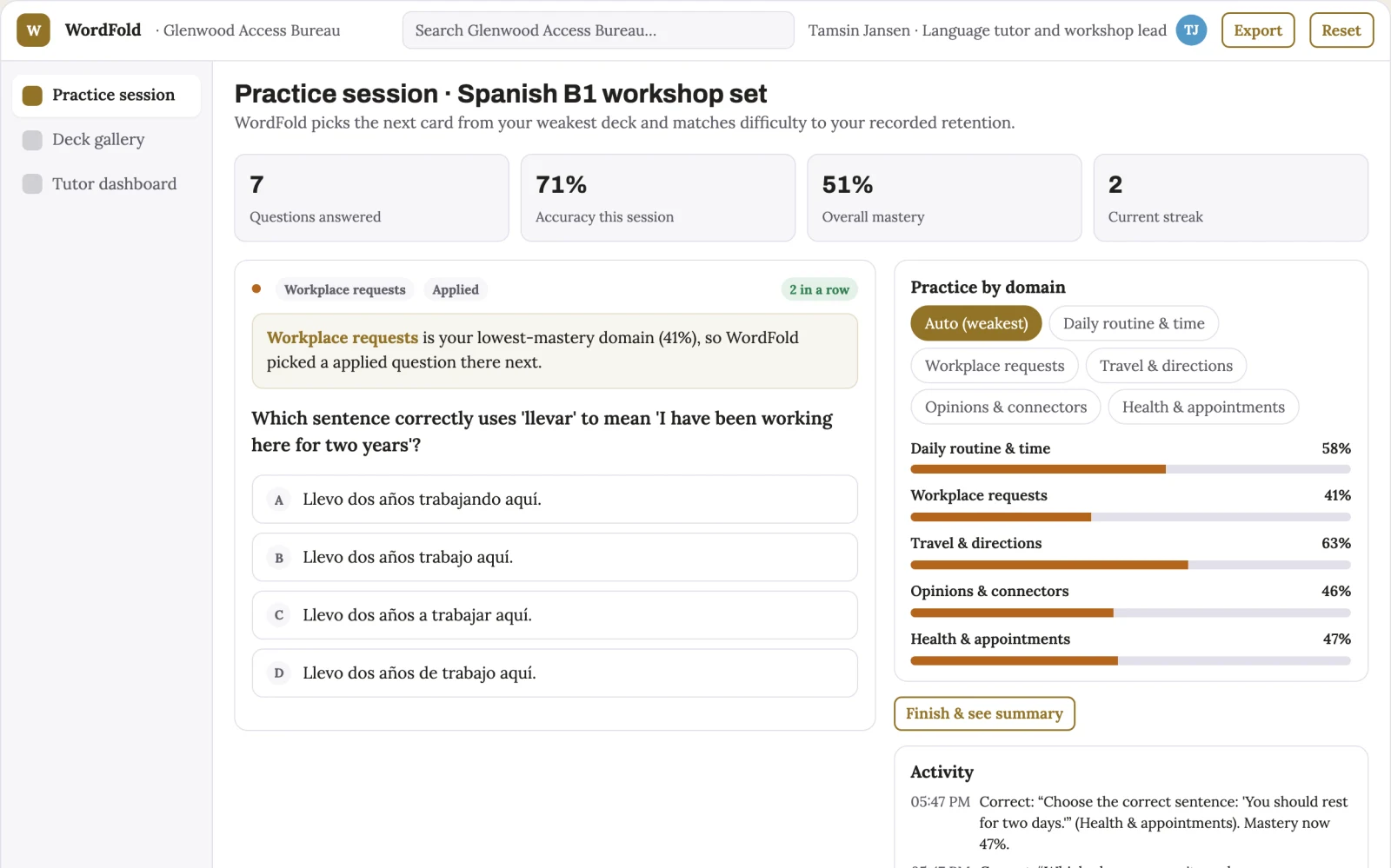 What Vocabulary retention practice and workshop platform looks like