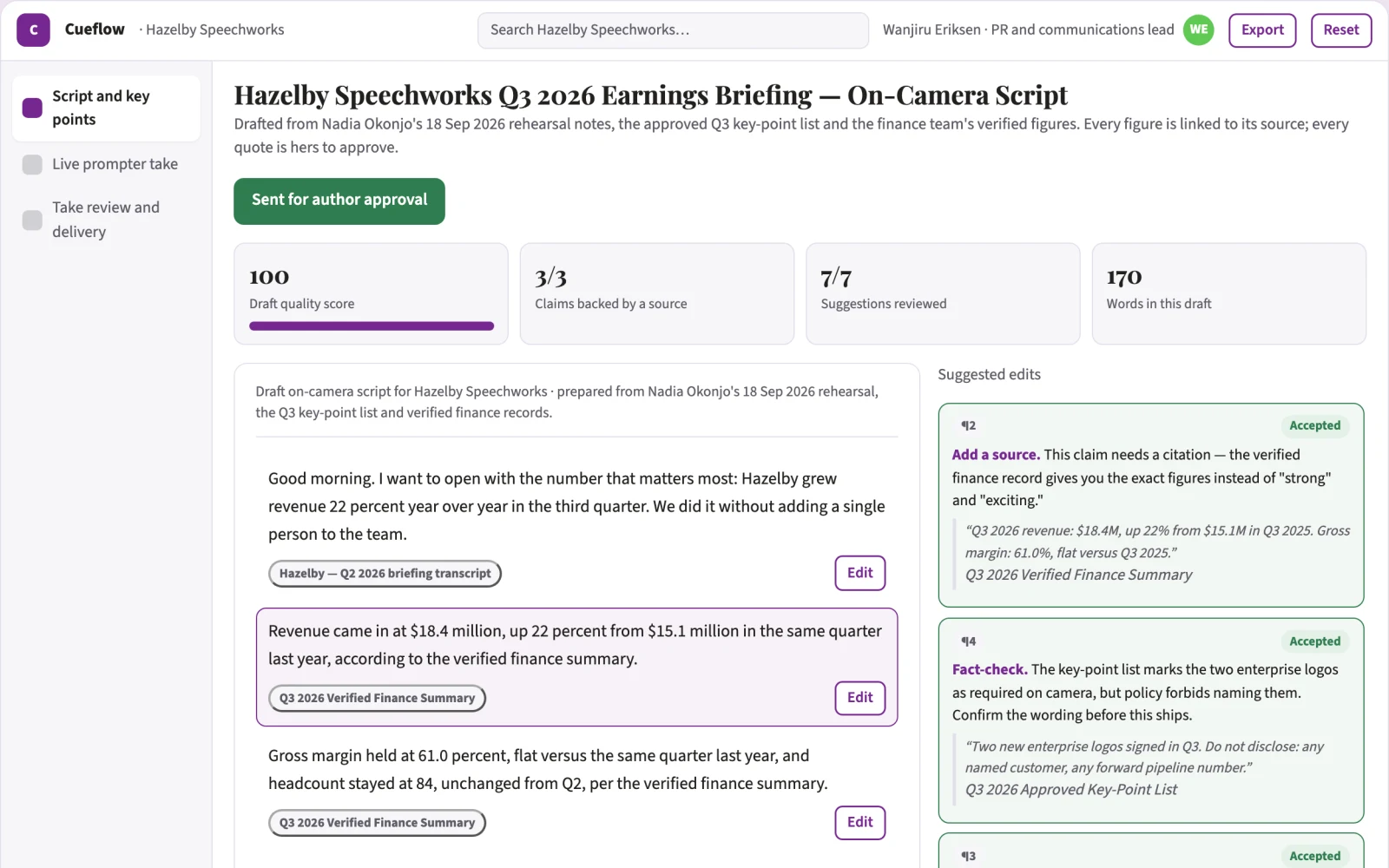 What Voice-following on-camera script delivery workspace looks like