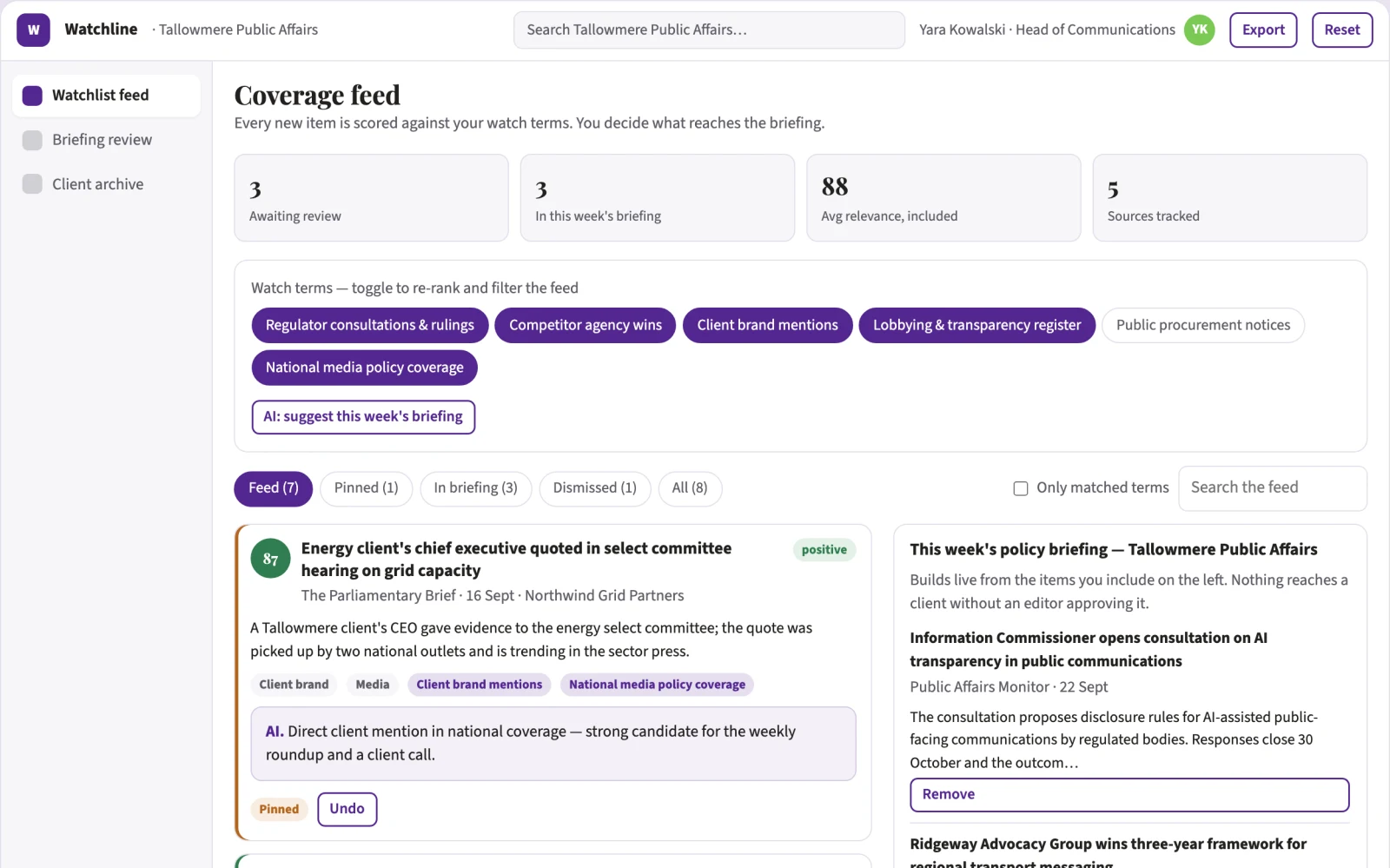 What Watchlist change detection and briefing subscription looks like