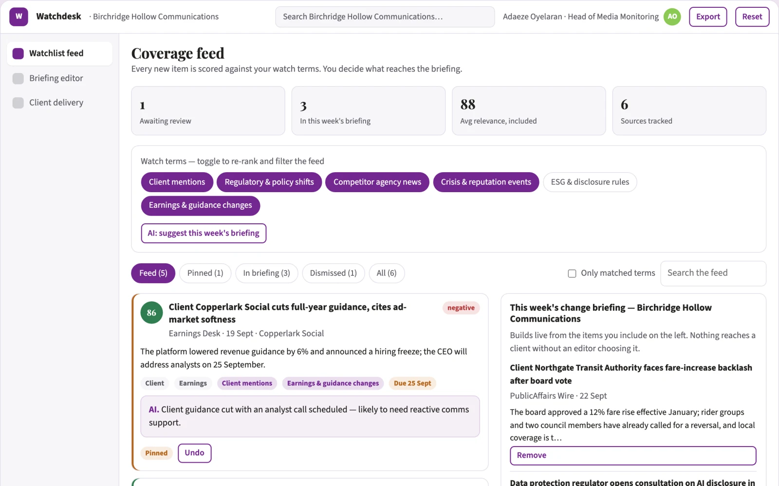 What Watchlist change-detection briefing service looks like