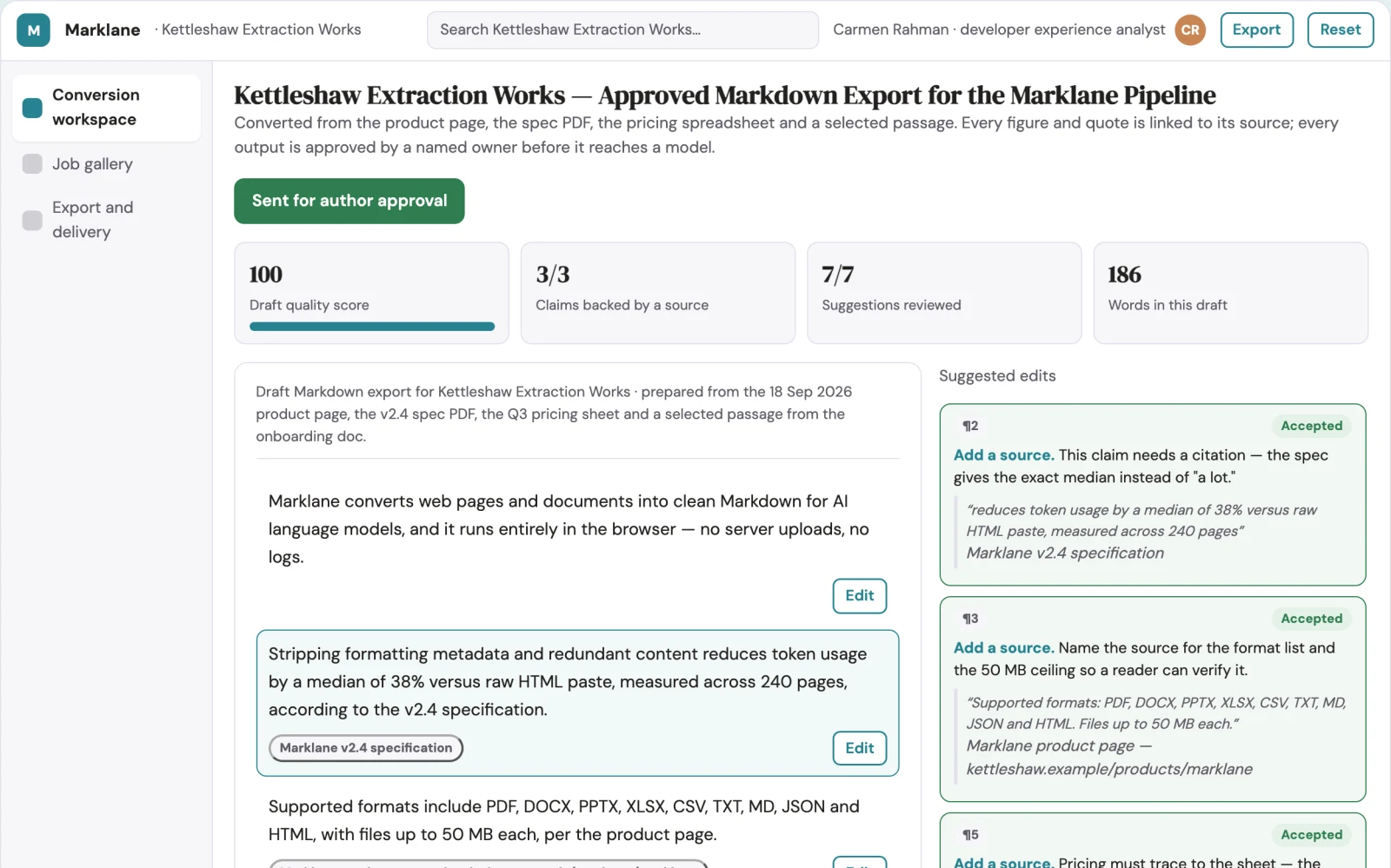 What Web and document to Markdown conversion workspace looks like