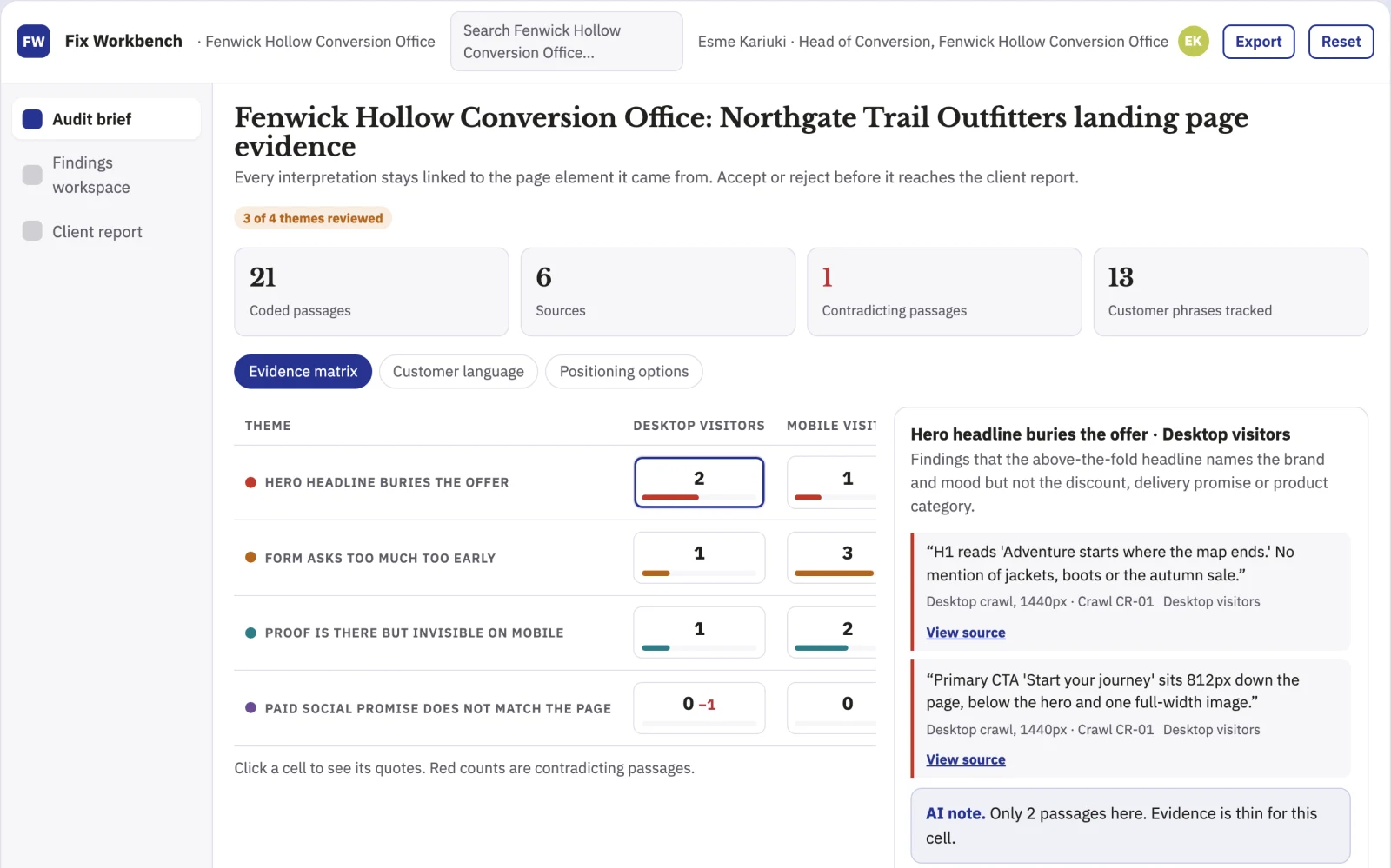 What Website conversion evidence and fix workbench looks like
