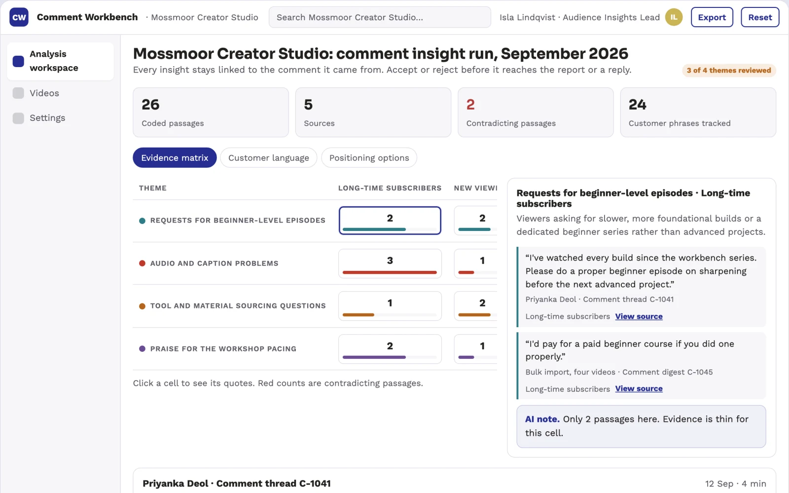 What YouTube comment insight and reply workbench looks like